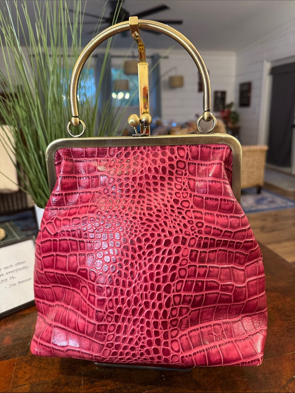 Patricia Nash Pink 10th Anniversary Croc-Embossed Kiss-Lock Frame Bag